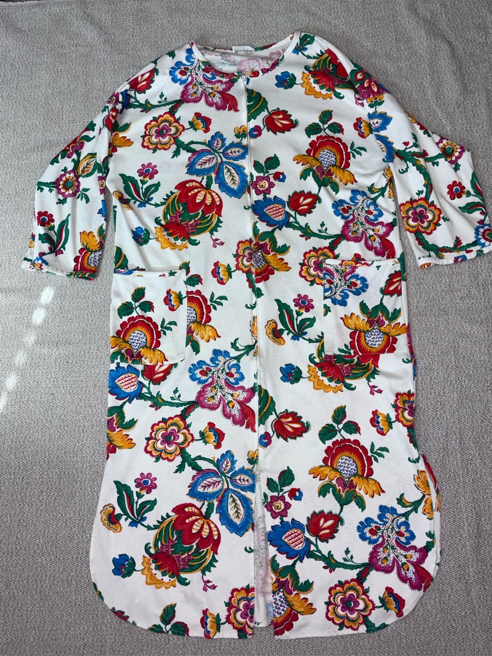 Neiman Marcus vintage bold floral knit 3/4 sleeve zip front house dress sz Large